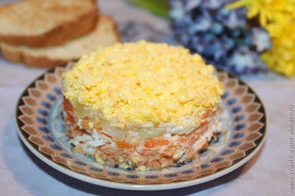 Салат мимоза с консервами и яблоком Салат мимоза с консервами и яблоком